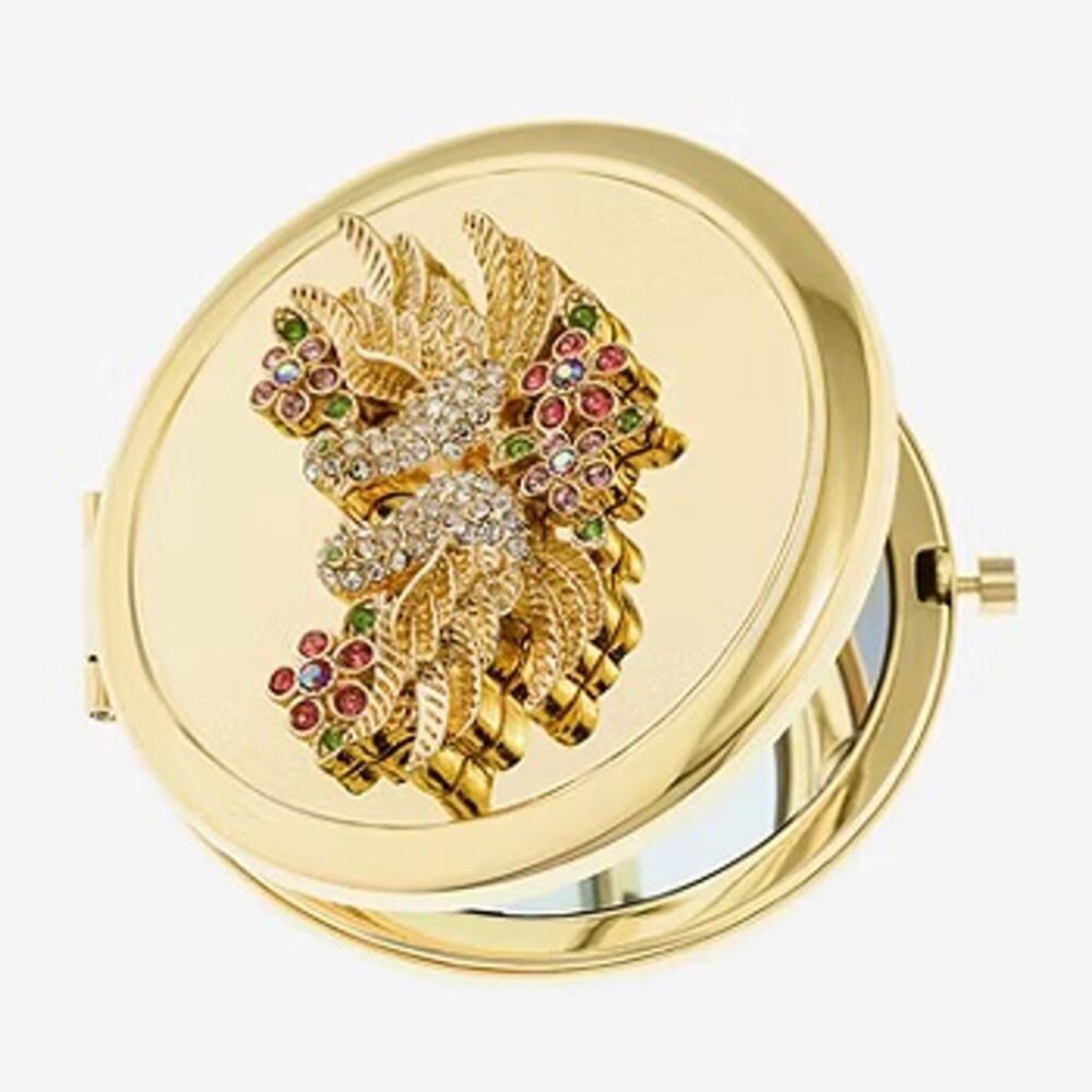 New MONET Compact Mirror Love Bird Dove Gold Tone Floral in Box Rhinestones - Picture 3 of 5